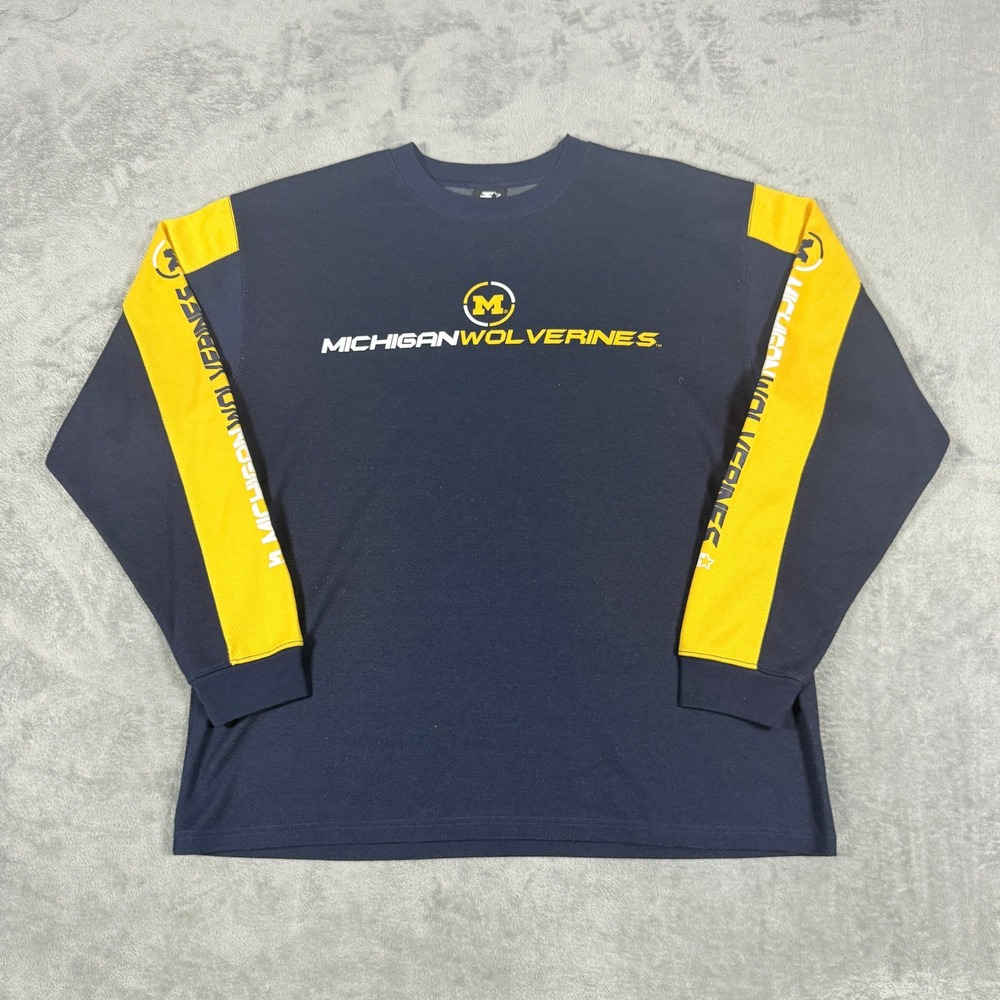 Vintage Starter Mens Large Michigan Wolverines Long Sleeve Shirt Navy Blue